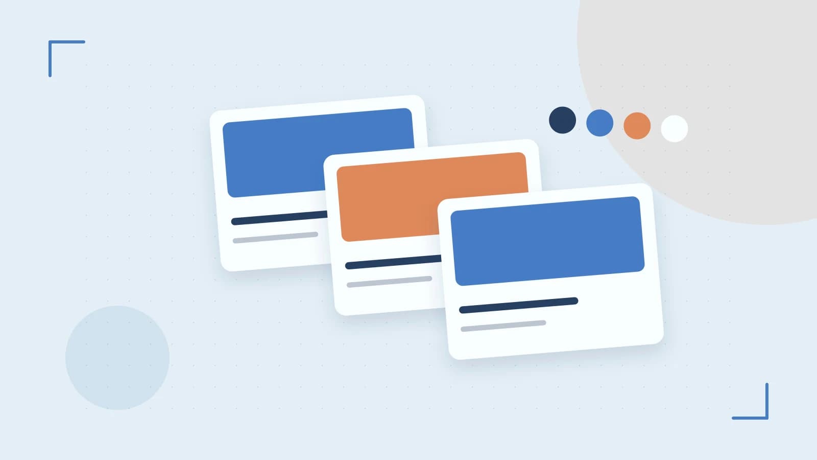 Editorial illustration of responsive browser layouts, overlapping design components and a color system