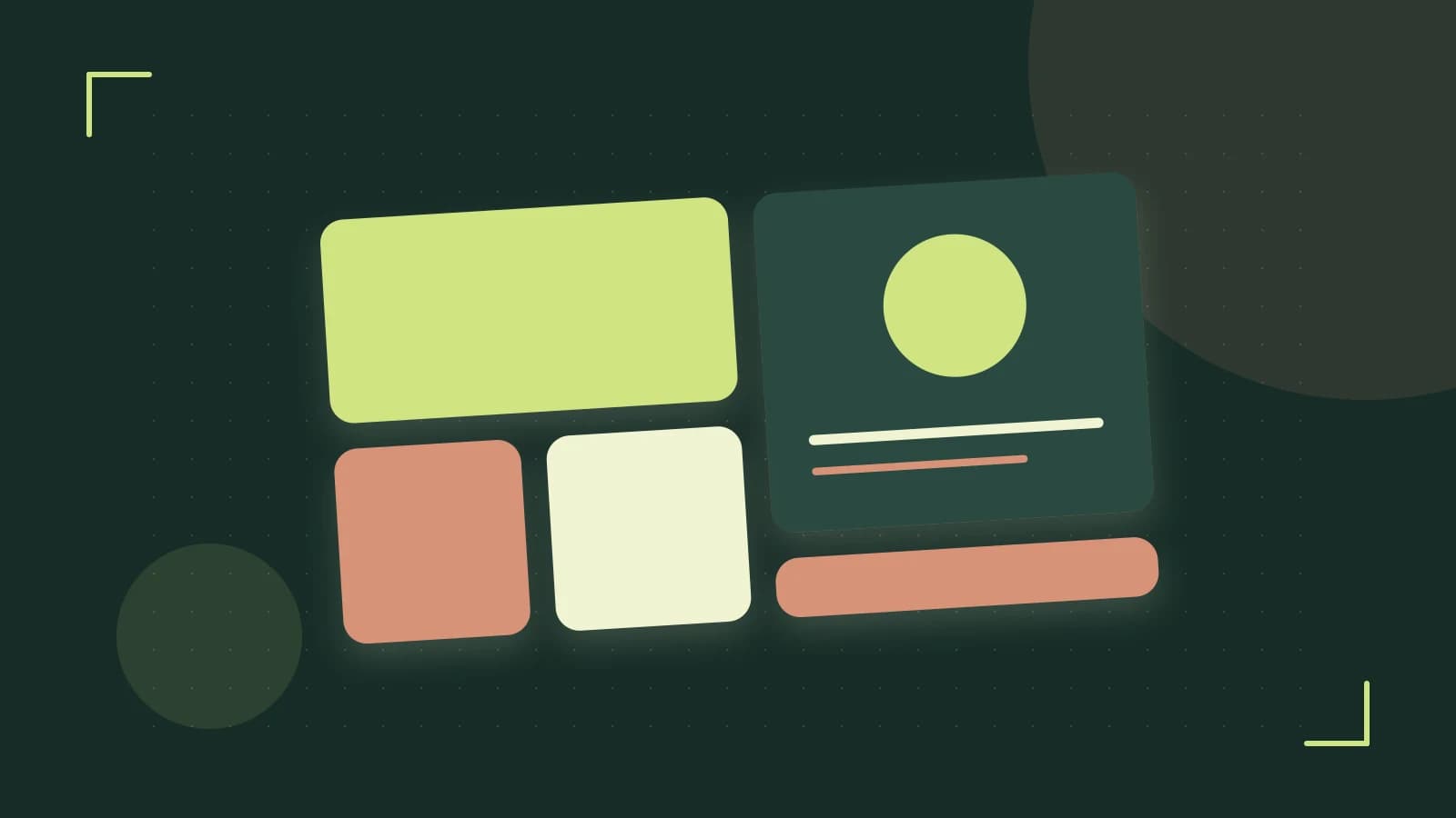 Editorial illustration of responsive browser layouts, overlapping design components and a color system