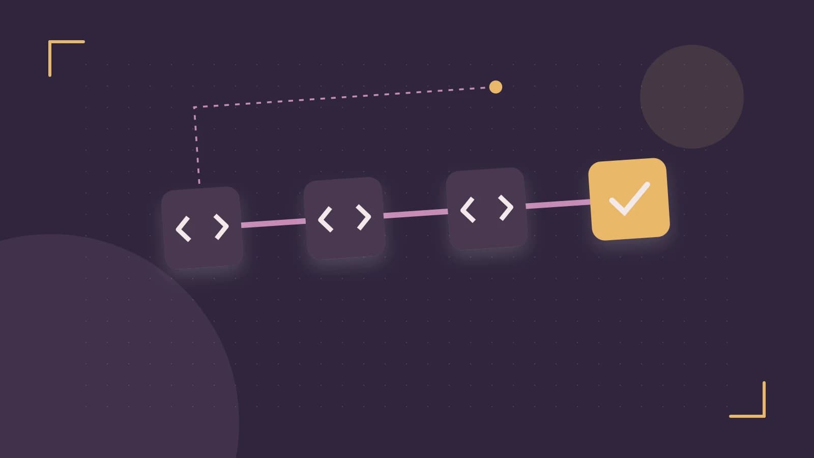 Editorial illustration of a branching build pipeline, staged transformations and a completed check