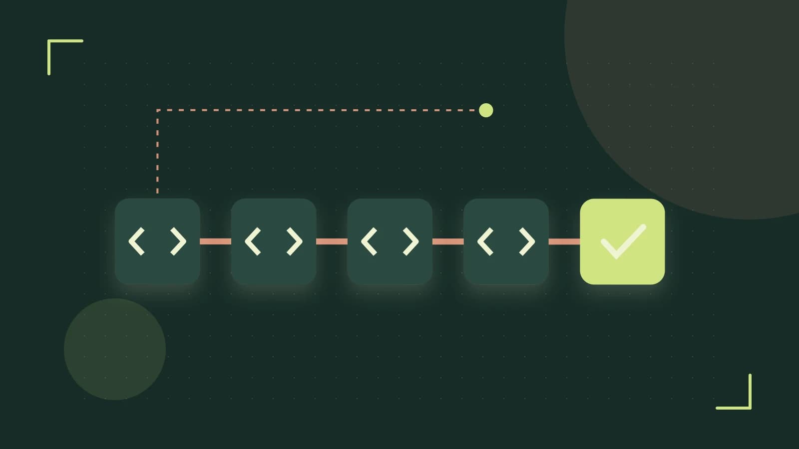 Editorial illustration of a branching build pipeline, staged transformations and a completed check