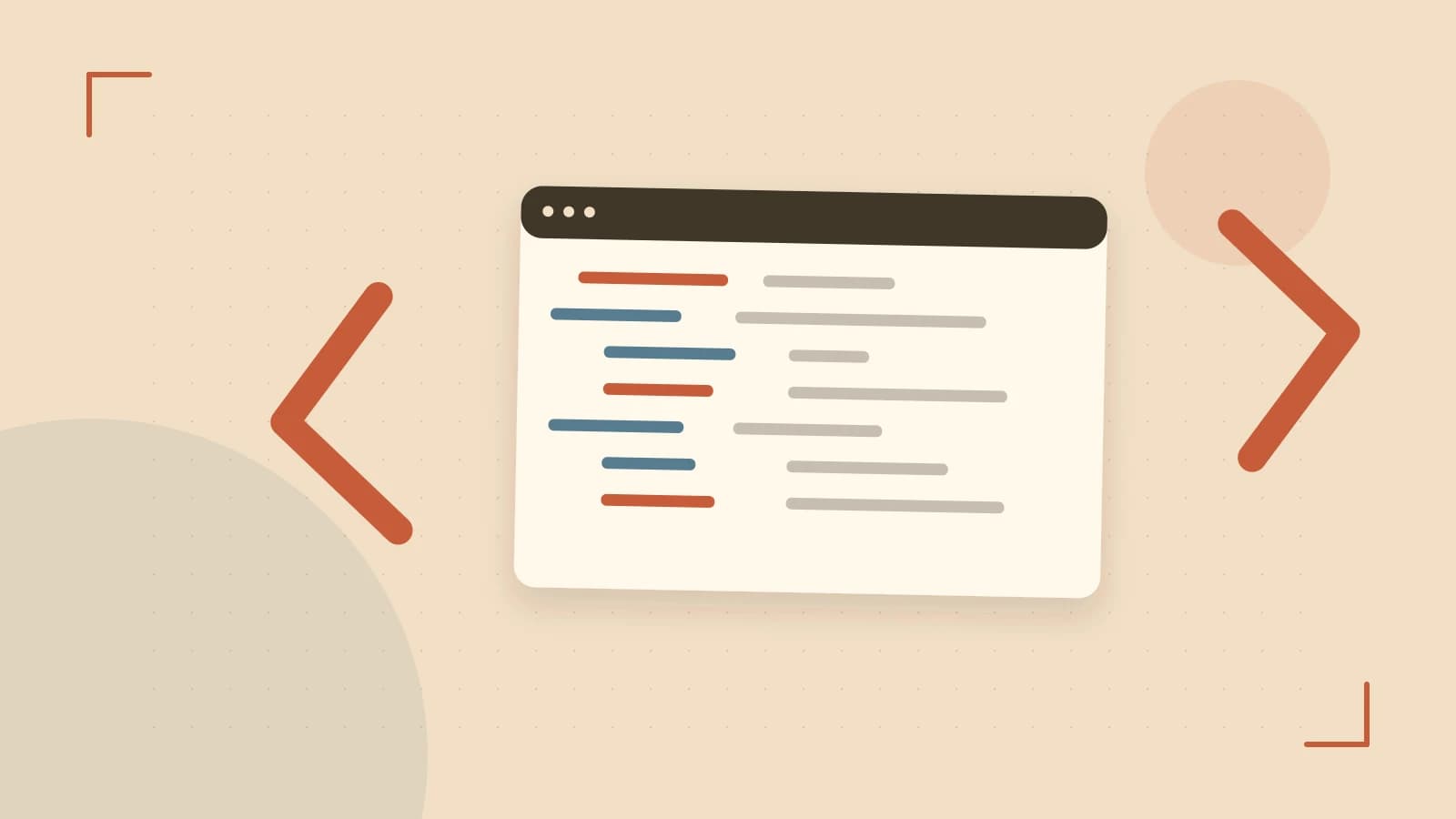 Editorial illustration of an abstract code editor, syntax blocks and oversized programming brackets