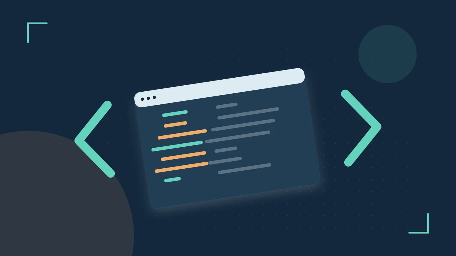 Editorial illustration of an abstract code editor, syntax blocks and oversized programming brackets