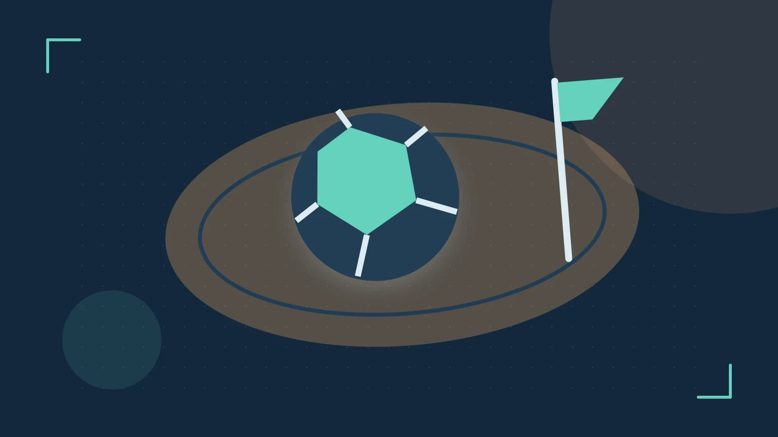 Editorial illustration of a stylized sports ball, stadium geometry and dynamic arcs