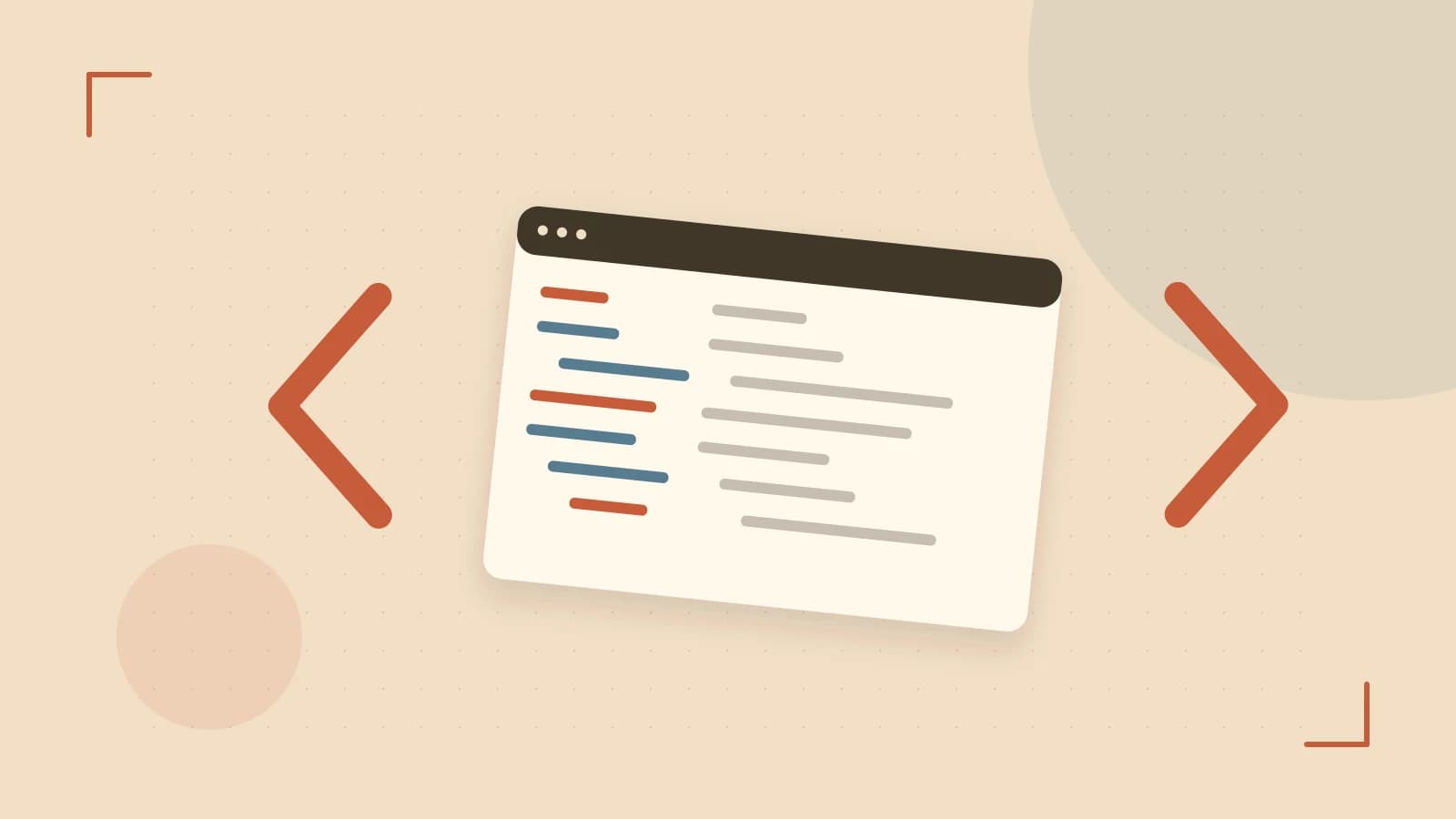 Editorial illustration of an abstract code editor, syntax blocks and oversized programming brackets
