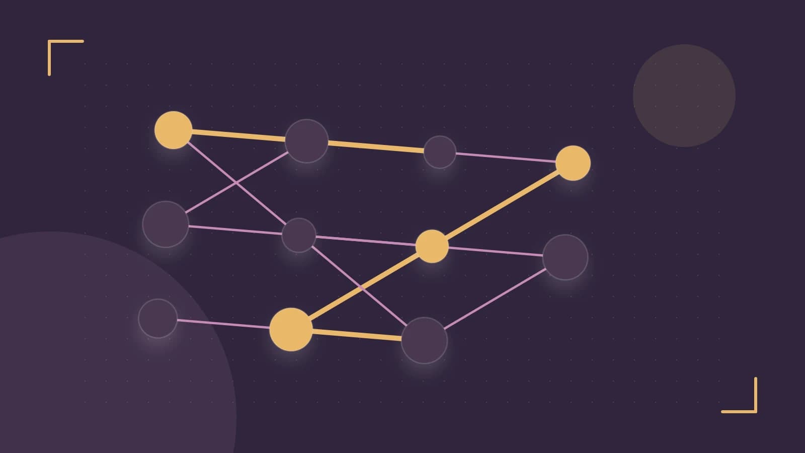Editorial illustration of an algorithmic node graph with branching paths and a highlighted result