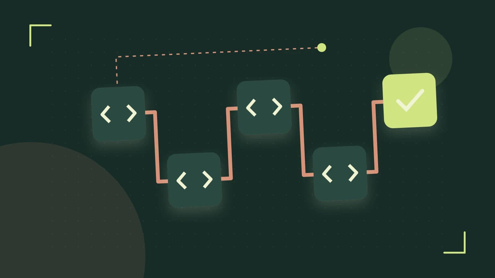 Editorial illustration of a branching build pipeline, staged transformations and a completed check