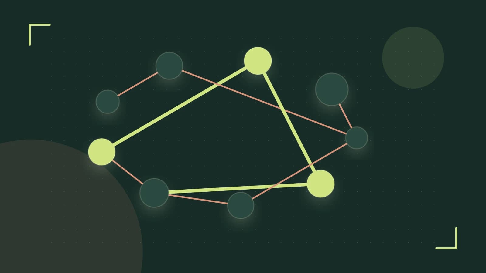 Editorial illustration of an algorithmic node graph with branching paths and a highlighted result