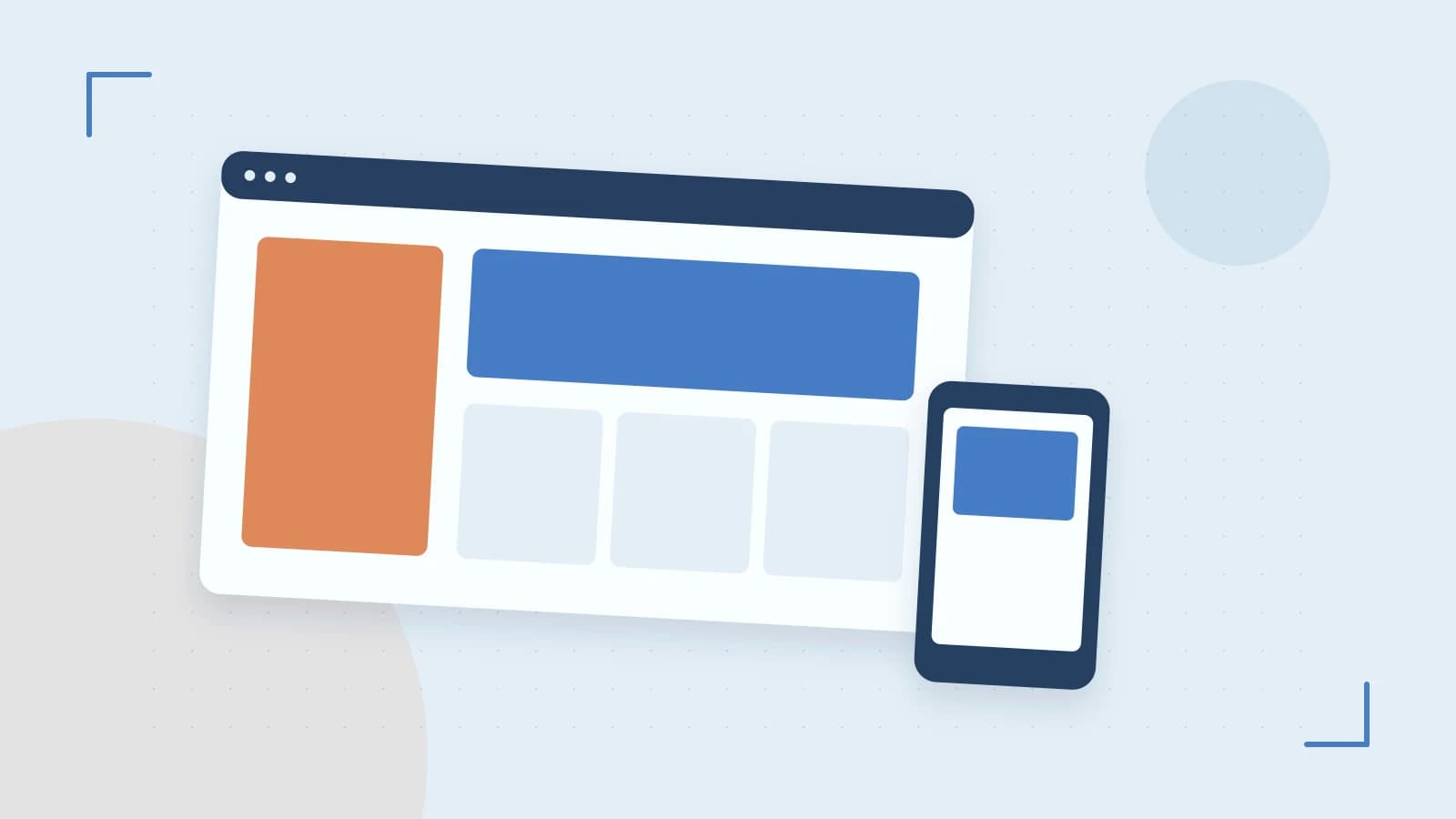 Editorial illustration of responsive browser layouts, overlapping design components and a color system