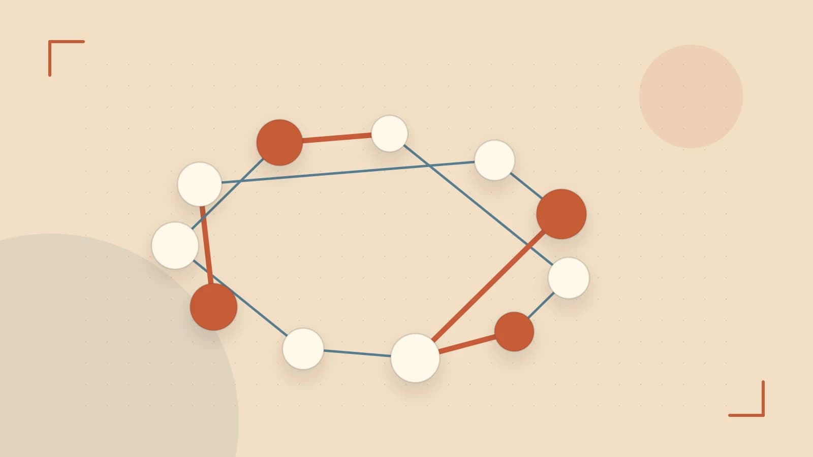 Editorial illustration of an algorithmic node graph with branching paths and a highlighted result
