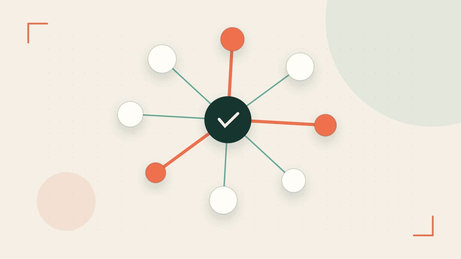 Editorial illustration of an algorithmic node graph with branching paths and a highlighted result