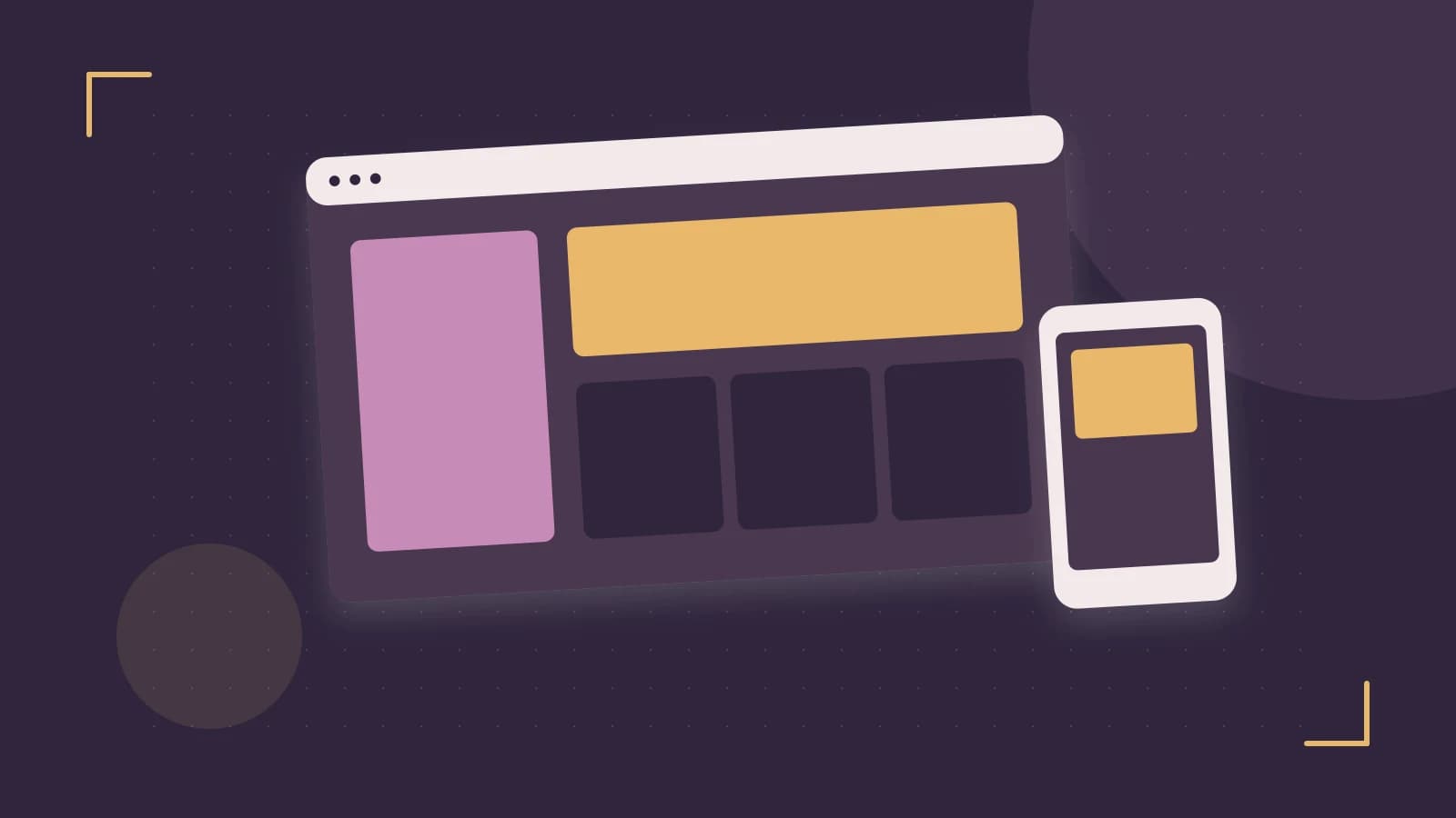 Editorial illustration of responsive browser layouts, overlapping design components and a color system