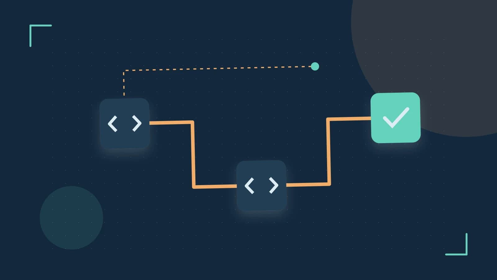 Editorial illustration of a branching build pipeline, staged transformations and a completed check