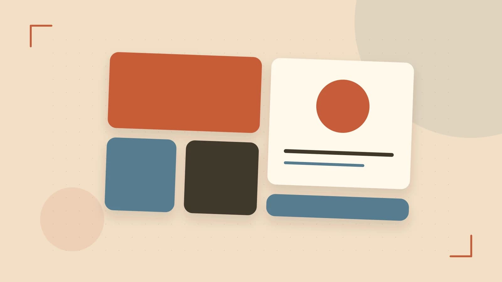Editorial illustration of responsive browser layouts, overlapping design components and a color system