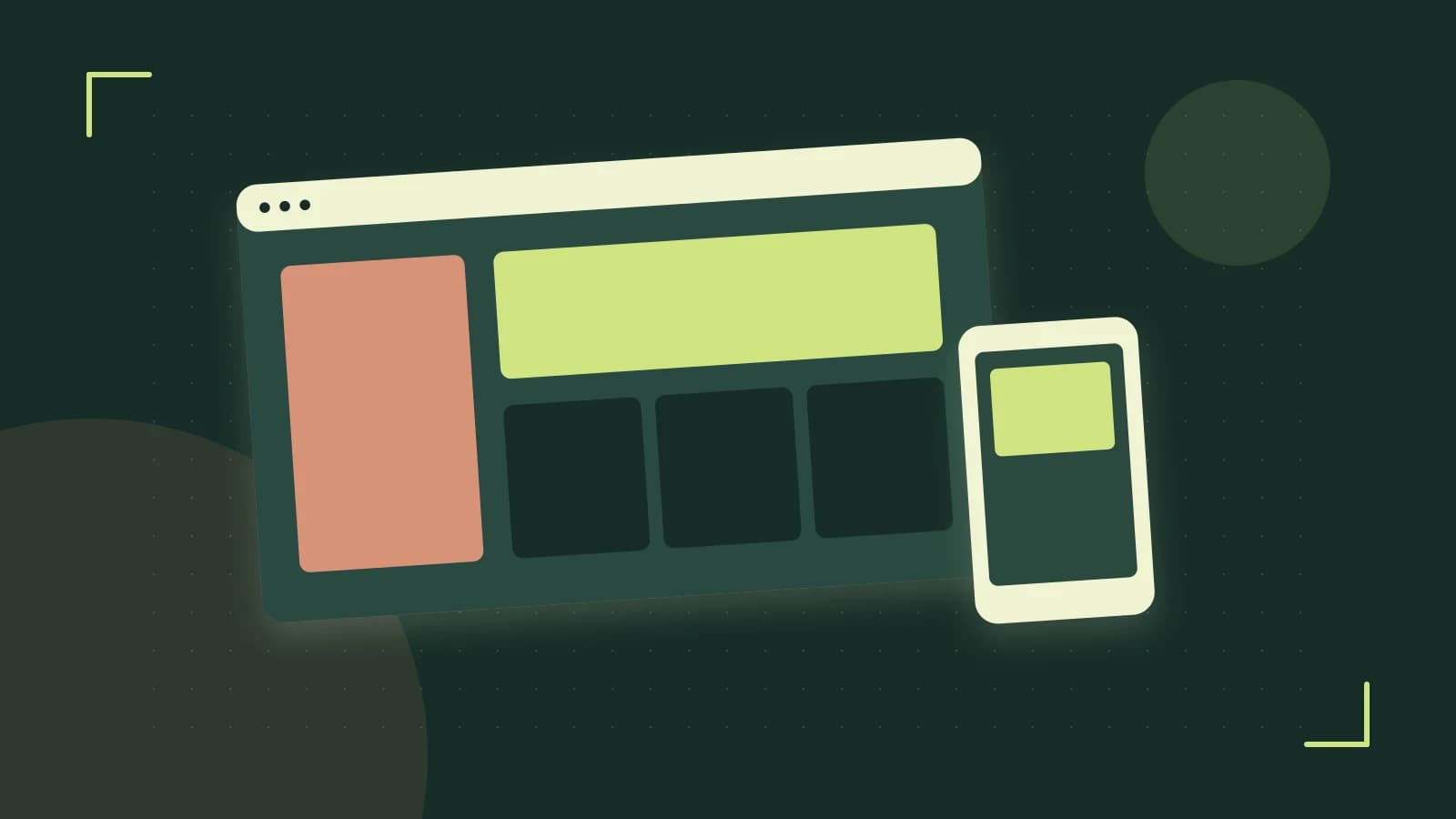 Editorial illustration of responsive browser layouts, overlapping design components and a color system