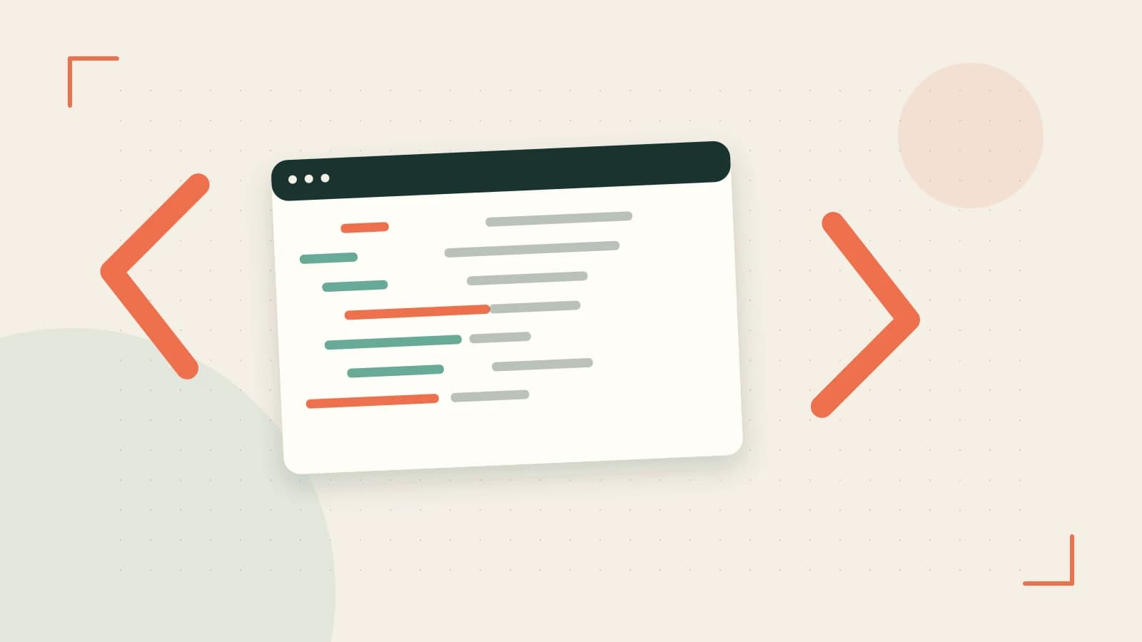 Editorial illustration of an abstract code editor, syntax blocks and oversized programming brackets