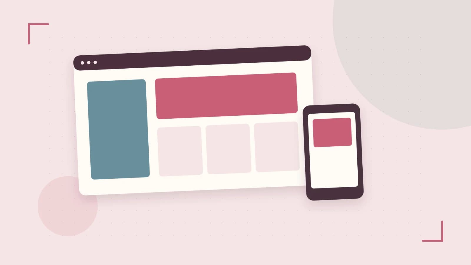 Editorial illustration of responsive browser layouts, overlapping design components and a color system