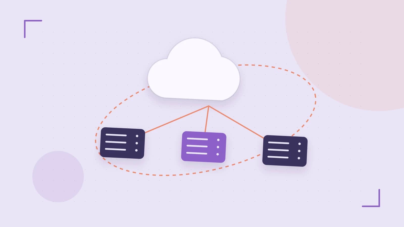 Editorial illustration of cloud infrastructure, connected server racks and an orbital service map