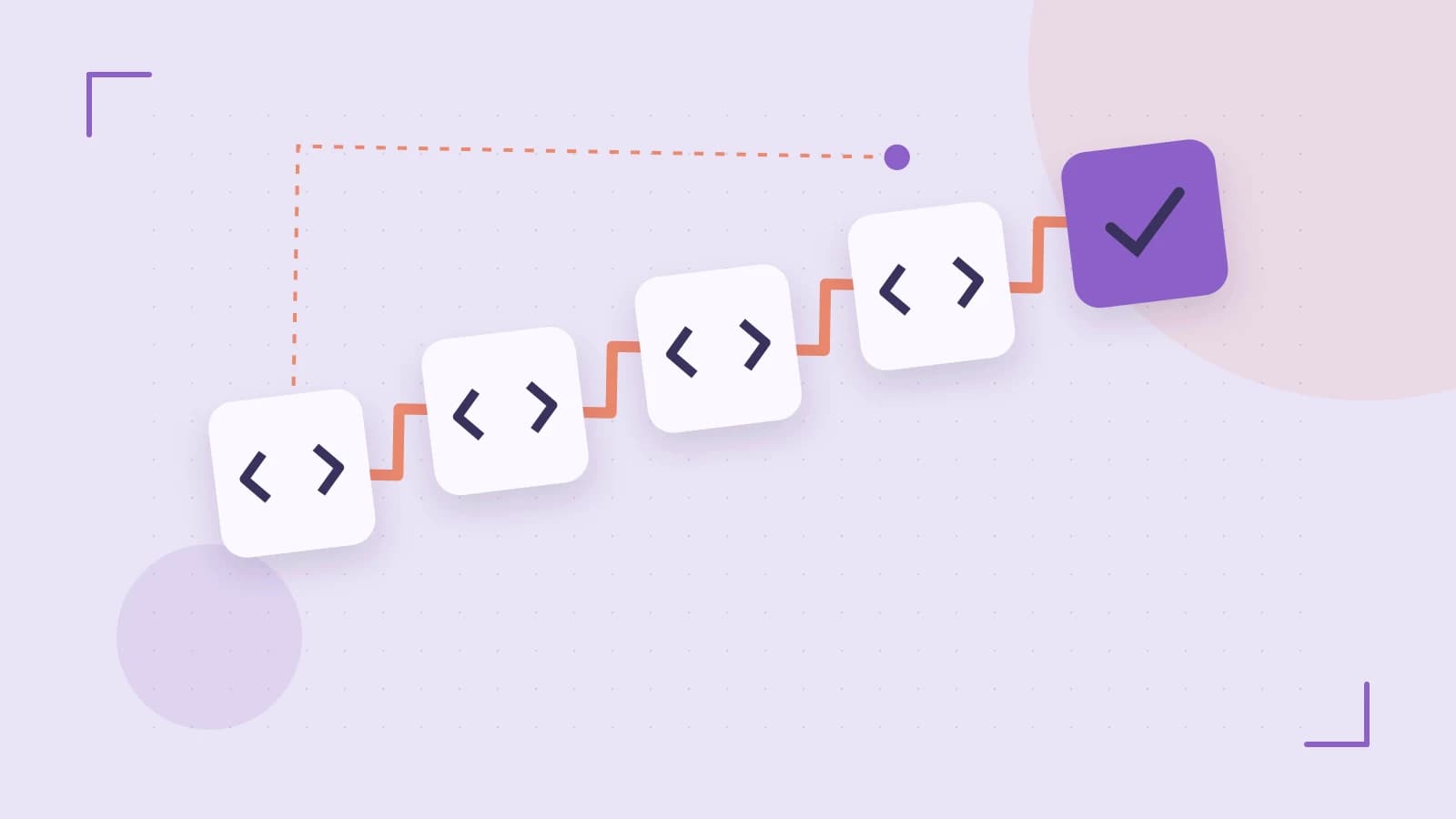 Editorial illustration of a branching build pipeline, staged transformations and a completed check