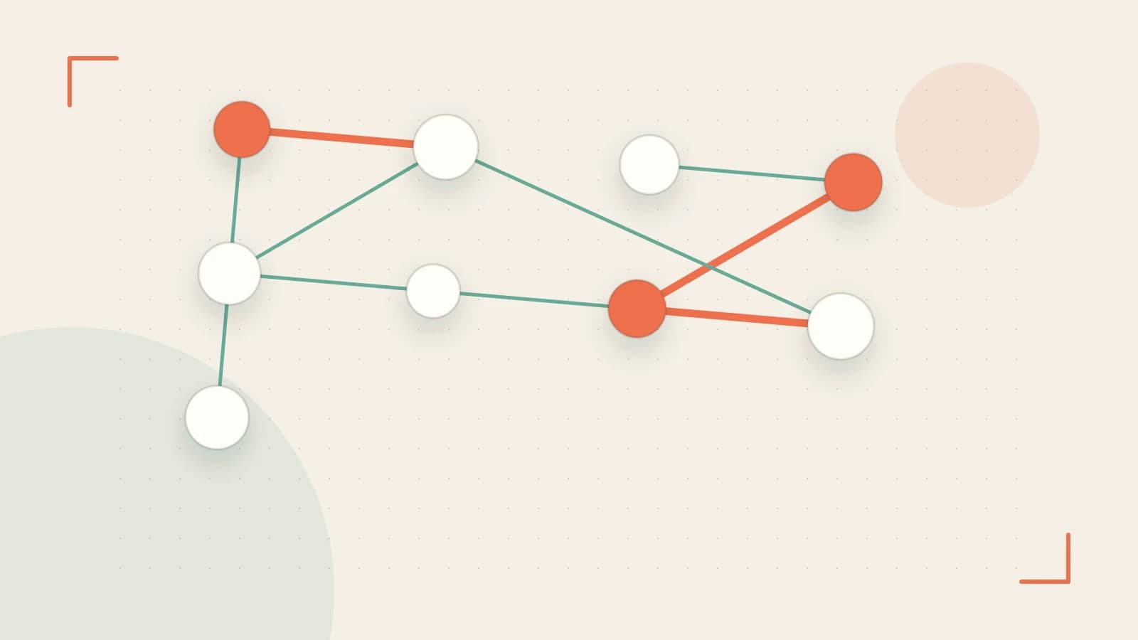 Editorial illustration of an algorithmic node graph with branching paths and a highlighted result