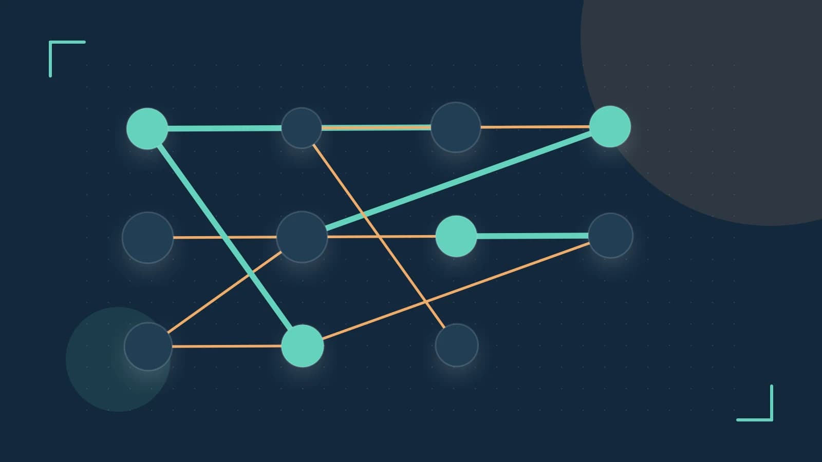 Editorial illustration of an algorithmic node graph with branching paths and a highlighted result