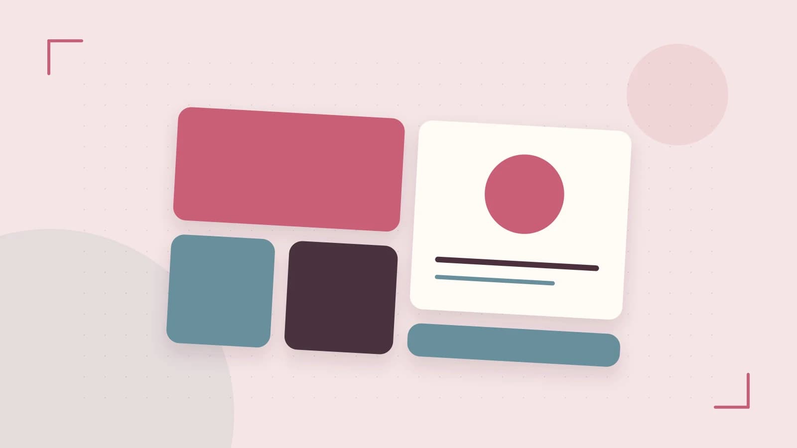 Editorial illustration of responsive browser layouts, overlapping design components and a color system