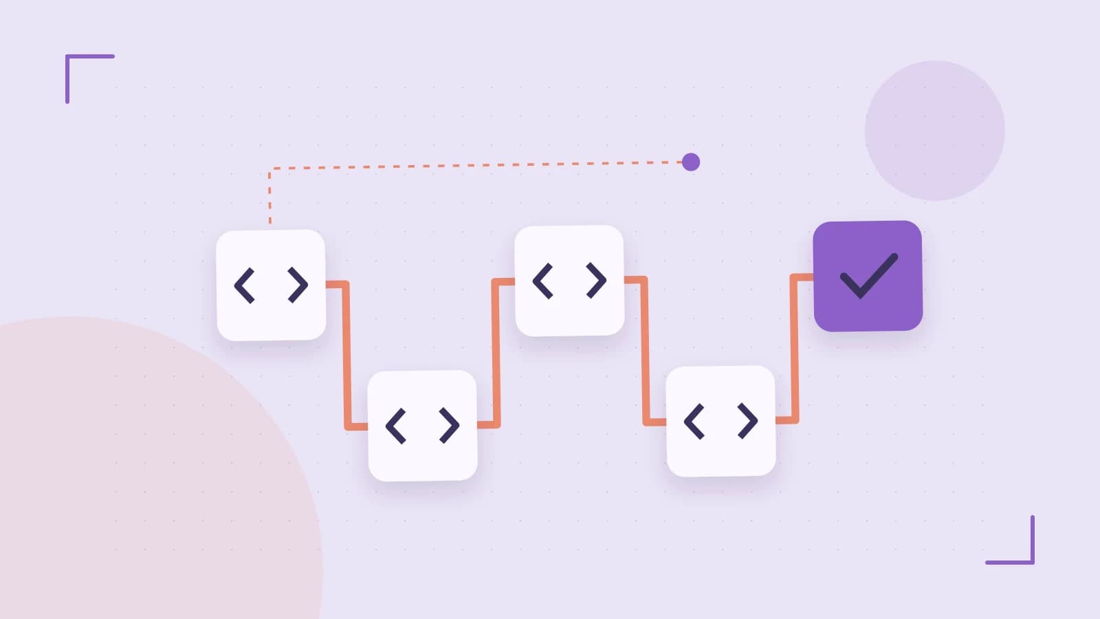 Editorial illustration of a branching build pipeline, staged transformations and a completed check