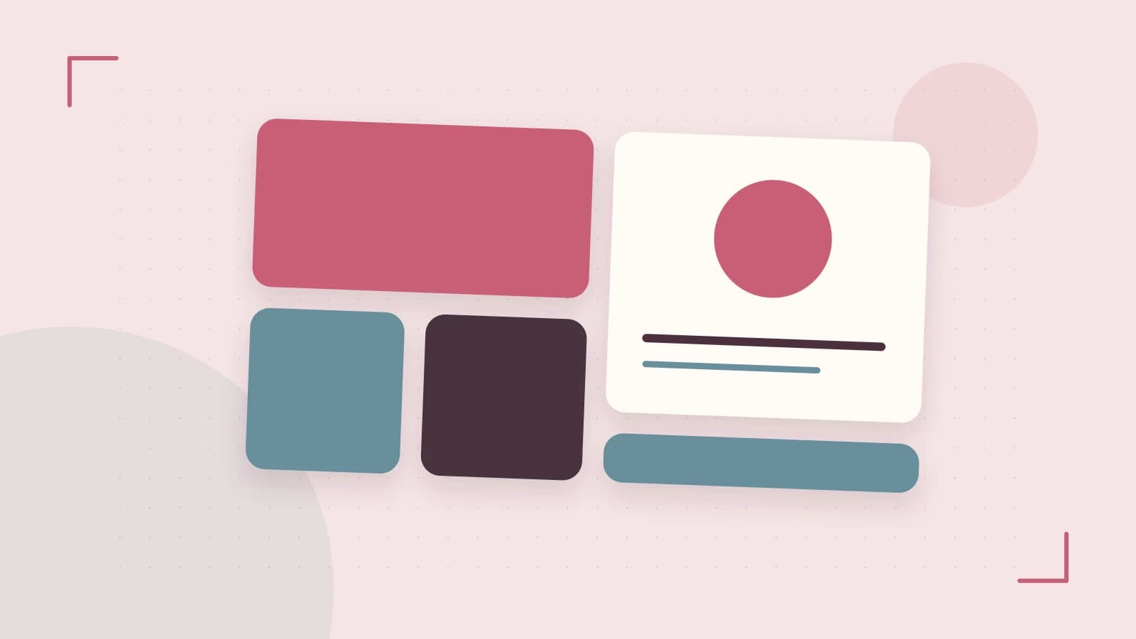 Editorial illustration of responsive browser layouts, overlapping design components and a color system