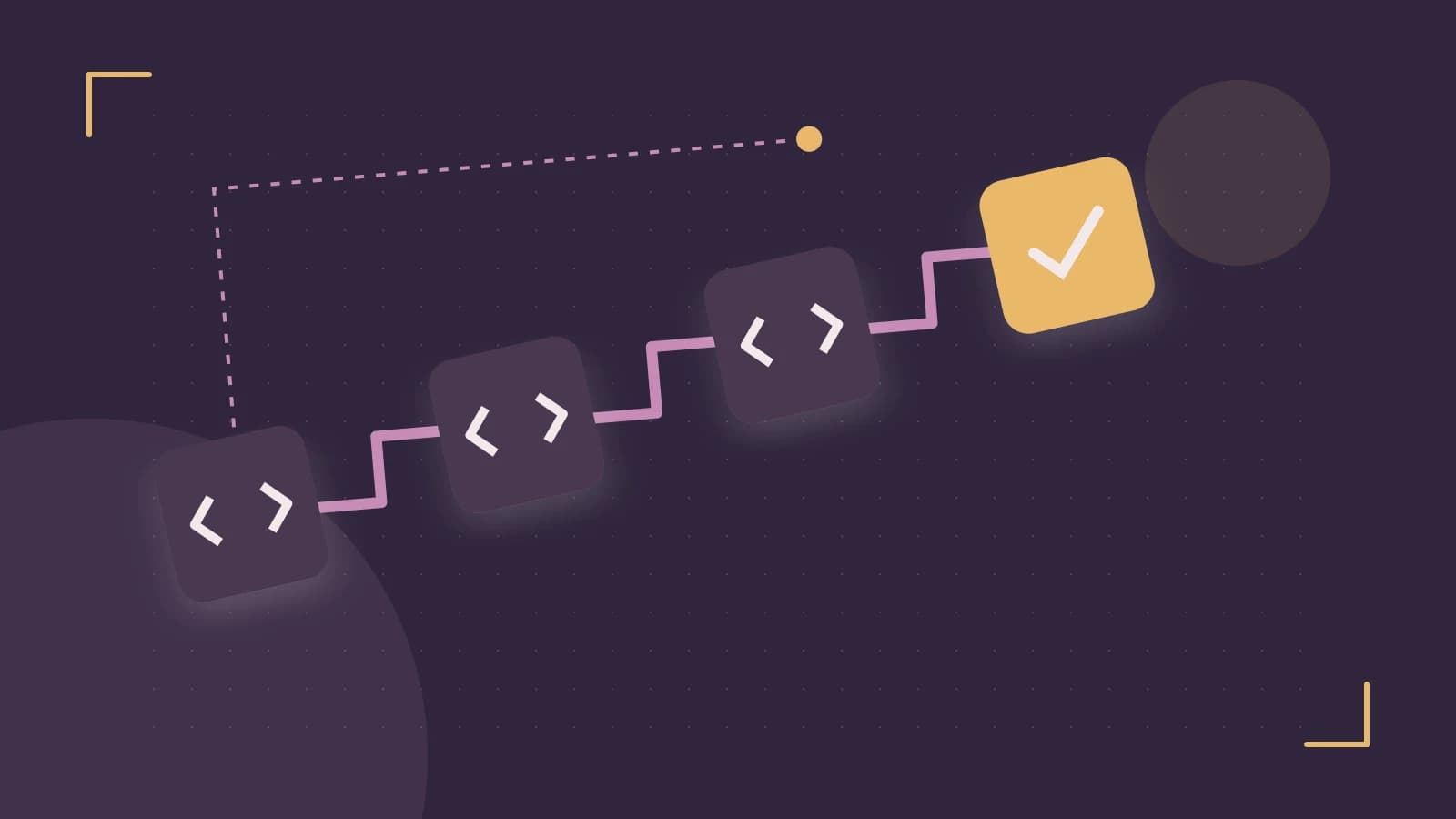 Editorial illustration of a branching build pipeline, staged transformations and a completed check