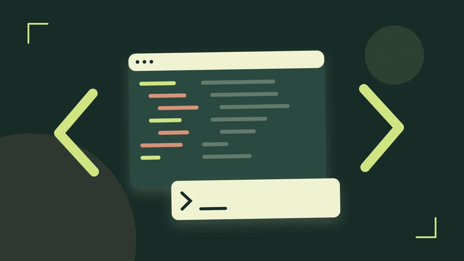 Editorial illustration of an abstract code editor, syntax blocks and oversized programming brackets