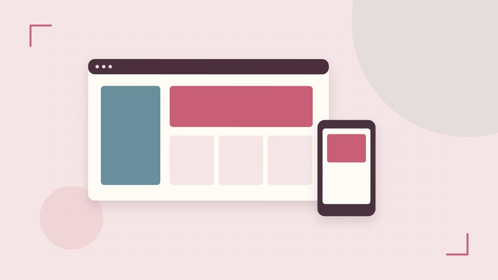 Editorial illustration of responsive browser layouts, overlapping design components and a color system