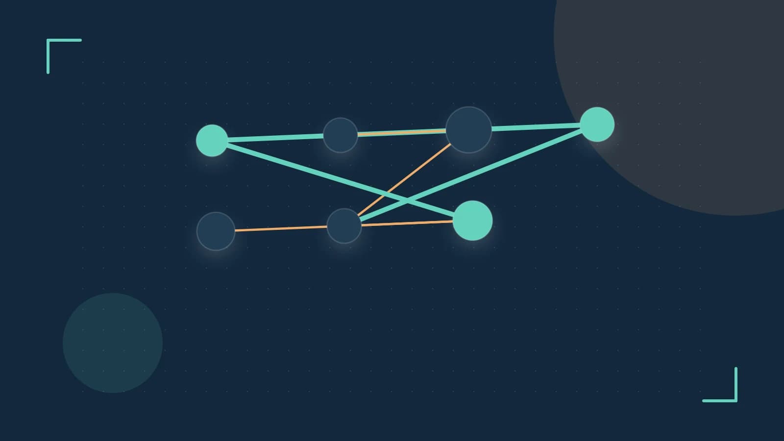 Editorial illustration of an algorithmic node graph with branching paths and a highlighted result