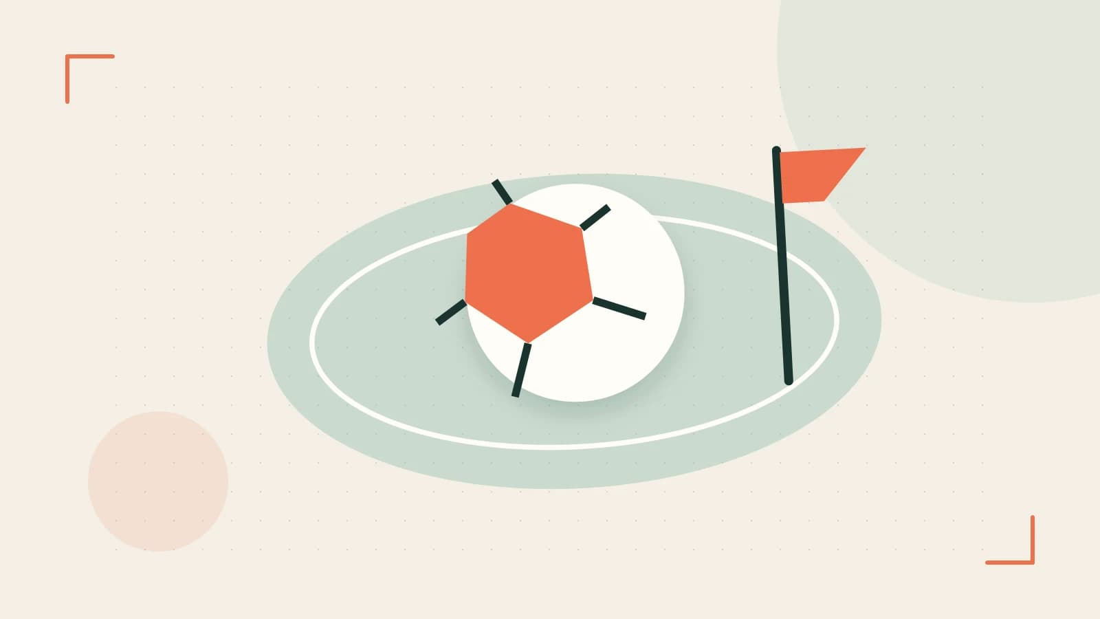 Editorial illustration of a stylized sports ball, stadium geometry and dynamic arcs