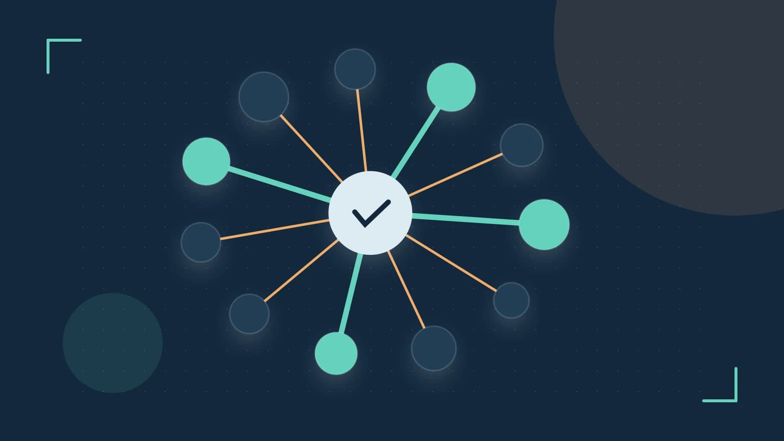 Editorial illustration of an algorithmic node graph with branching paths and a highlighted result