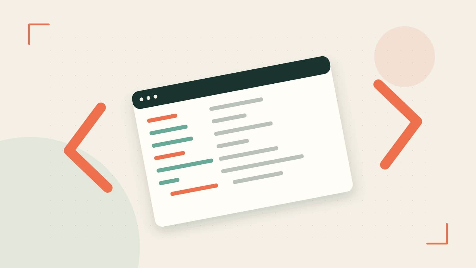 Editorial illustration of an abstract code editor, syntax blocks and oversized programming brackets