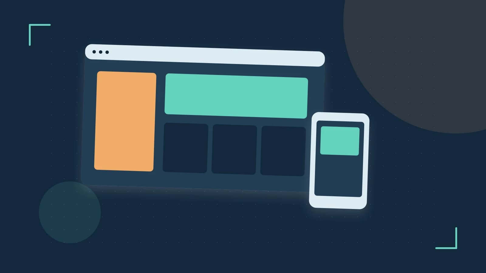 Editorial illustration of responsive browser layouts, overlapping design components and a color system