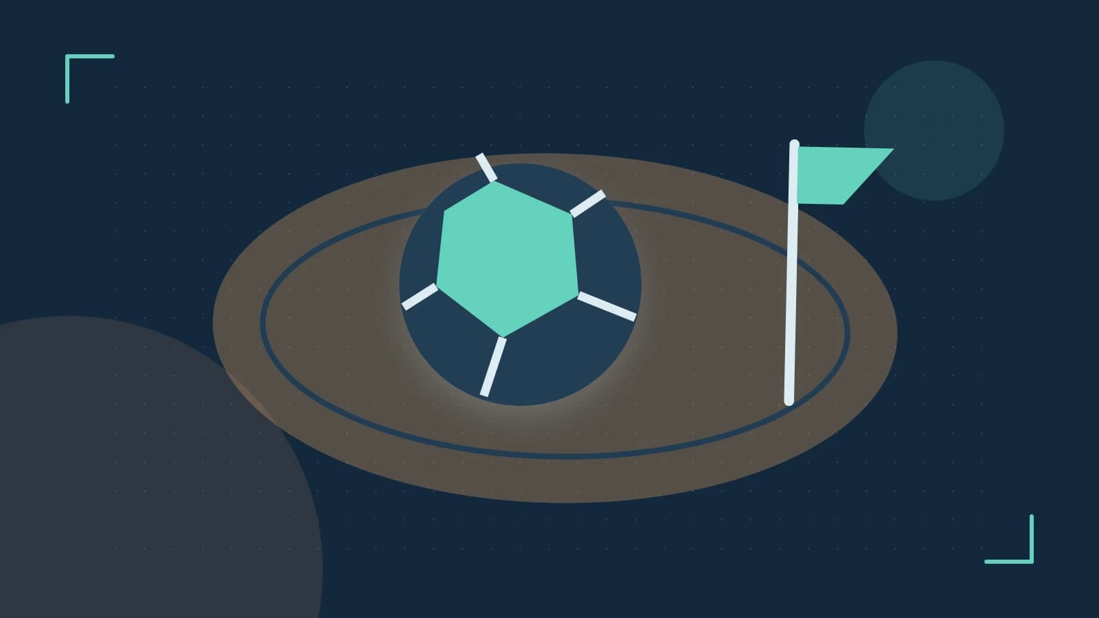 Editorial illustration of a stylized sports ball, stadium geometry and dynamic arcs