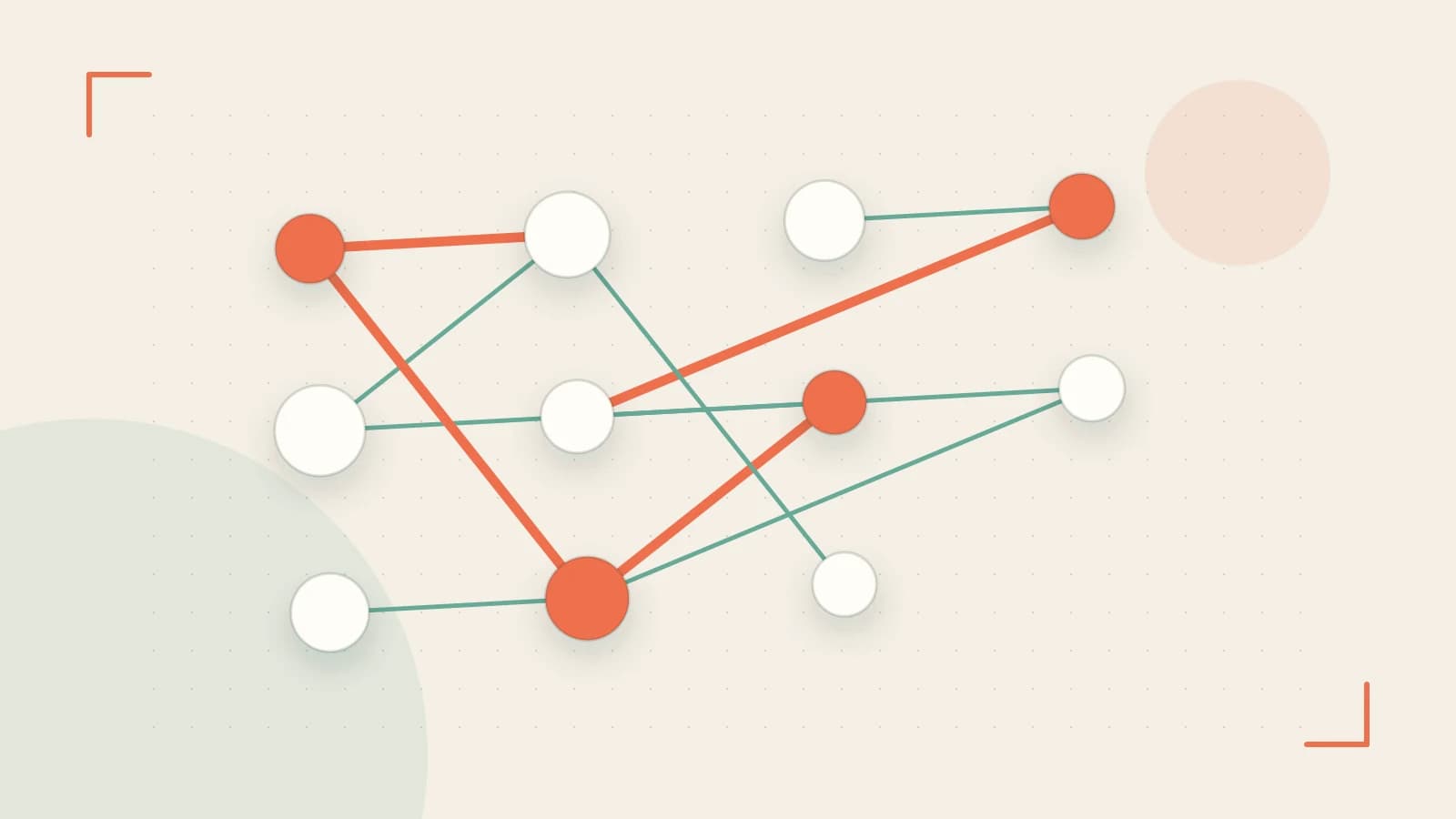 Editorial illustration of an algorithmic node graph with branching paths and a highlighted result