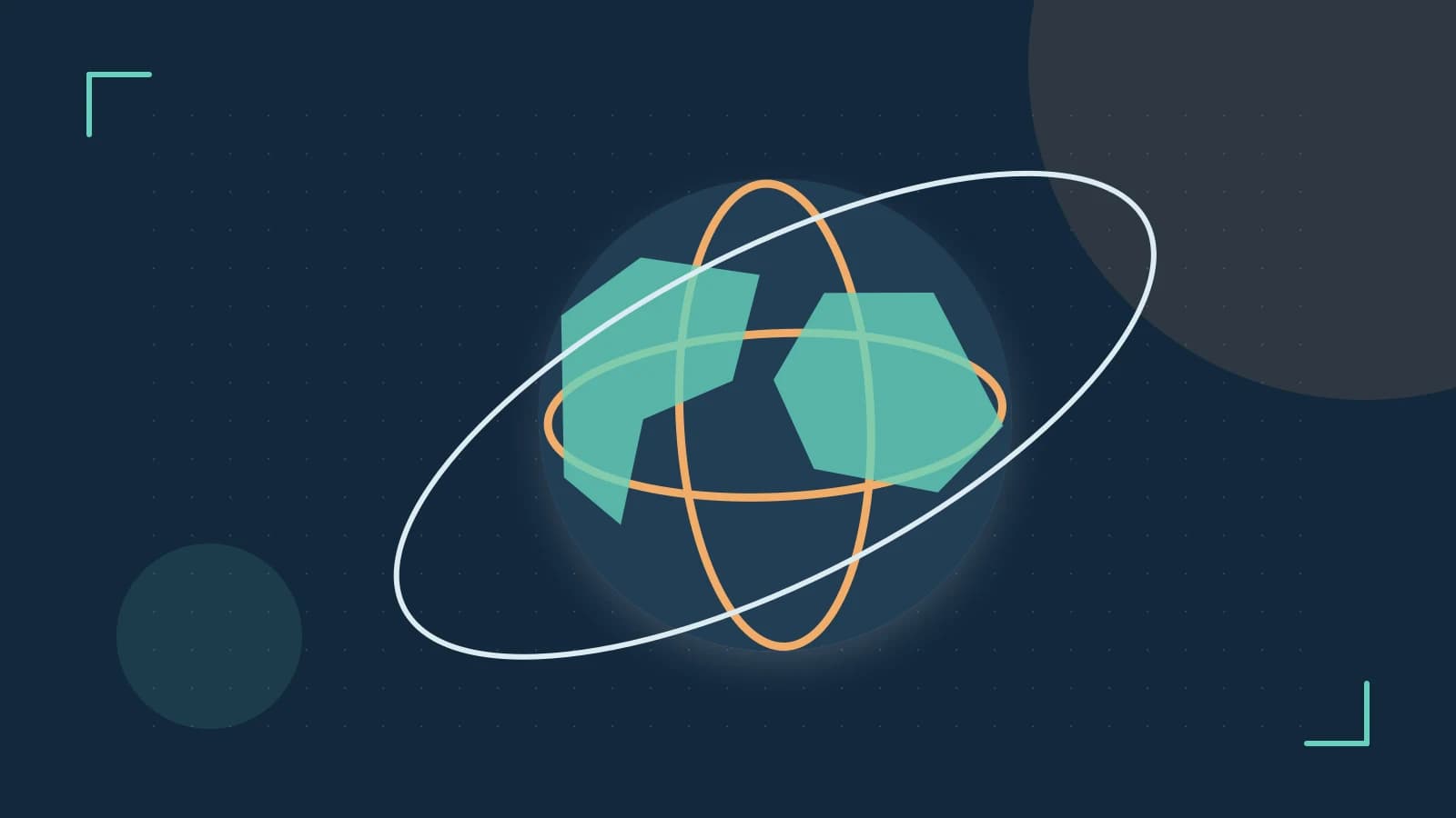 Editorial illustration of an editorial globe with meridians and layered geographic shapes