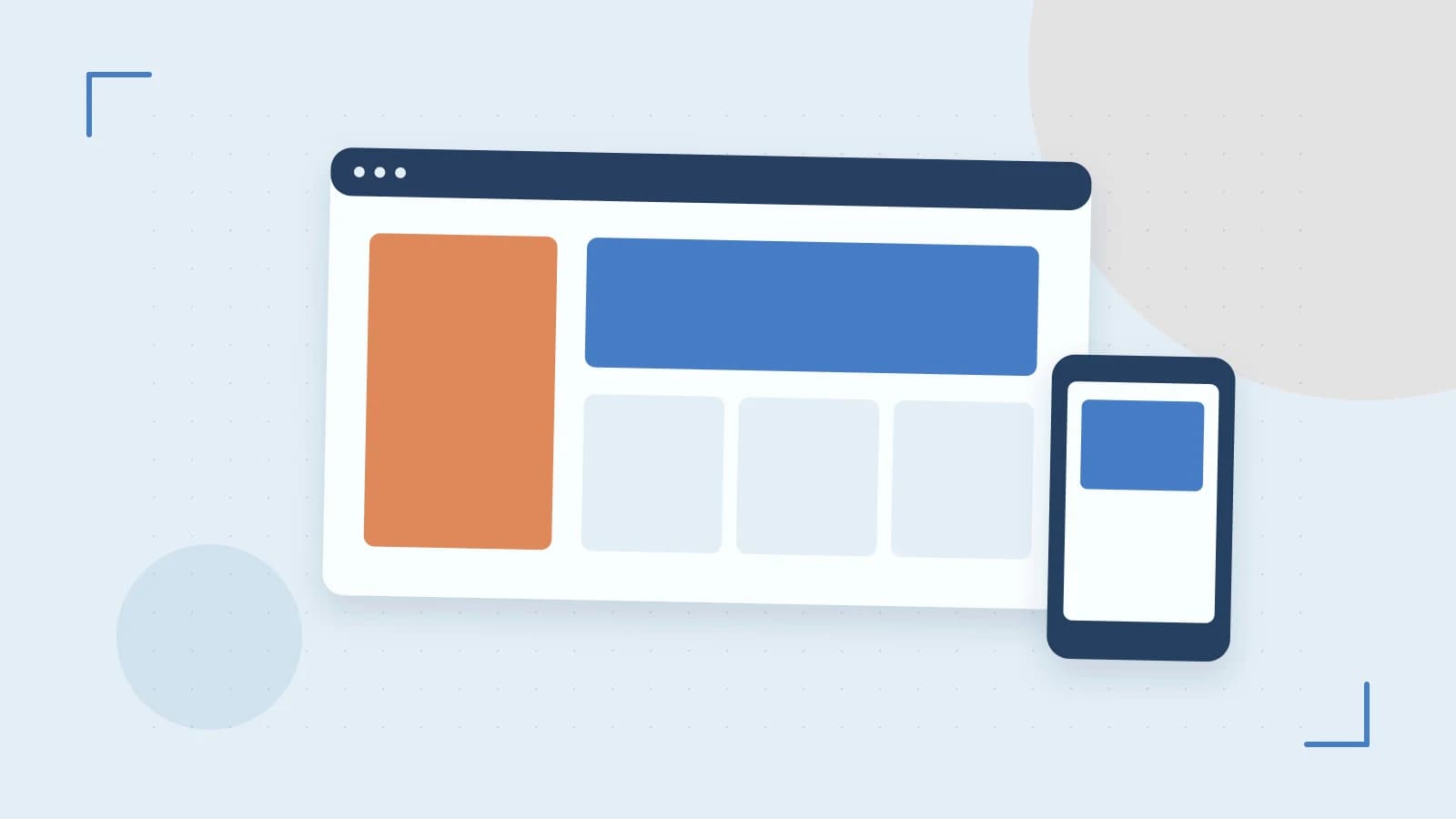 Editorial illustration of responsive browser layouts, overlapping design components and a color system