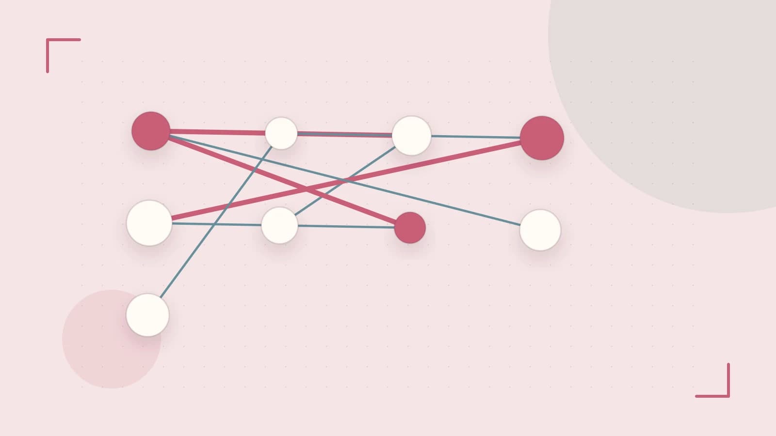 Editorial illustration of an algorithmic node graph with branching paths and a highlighted result