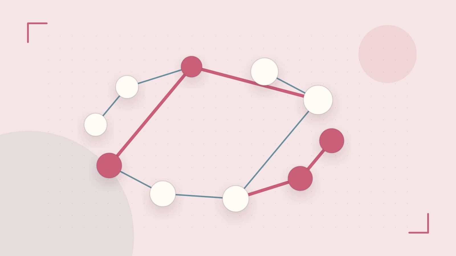 Editorial illustration of an algorithmic node graph with branching paths and a highlighted result