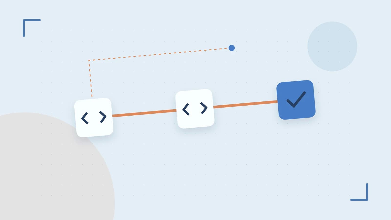 Editorial illustration of a branching build pipeline, staged transformations and a completed check