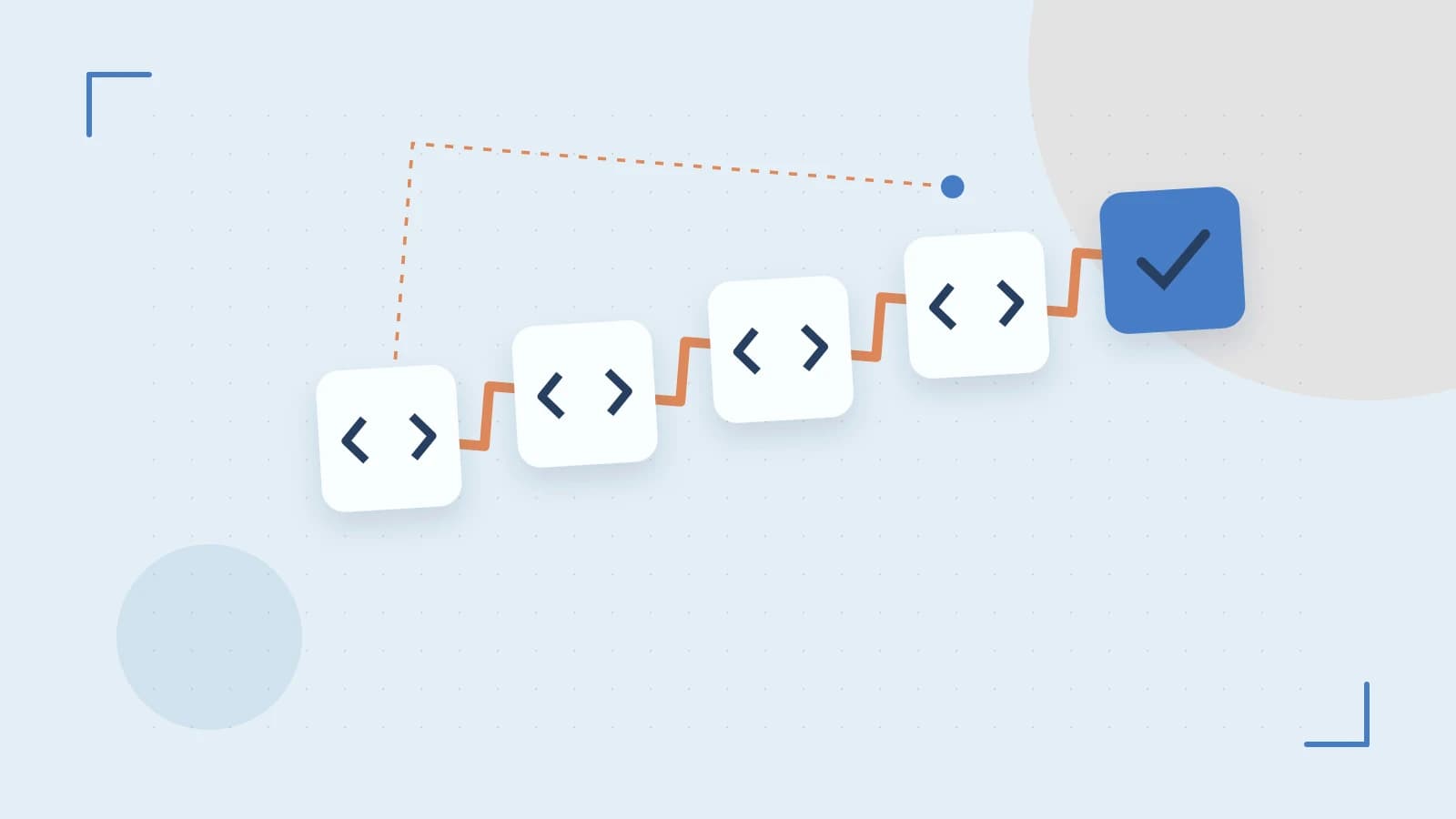 Editorial illustration of a branching build pipeline, staged transformations and a completed check