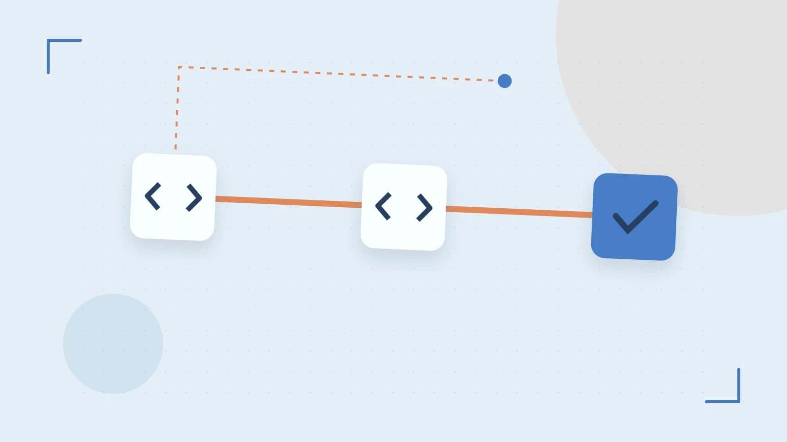 Editorial illustration of a branching build pipeline, staged transformations and a completed check