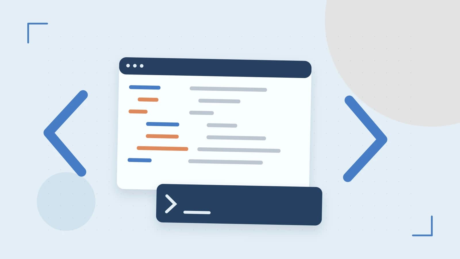 Editorial illustration of an abstract code editor, syntax blocks and oversized programming brackets