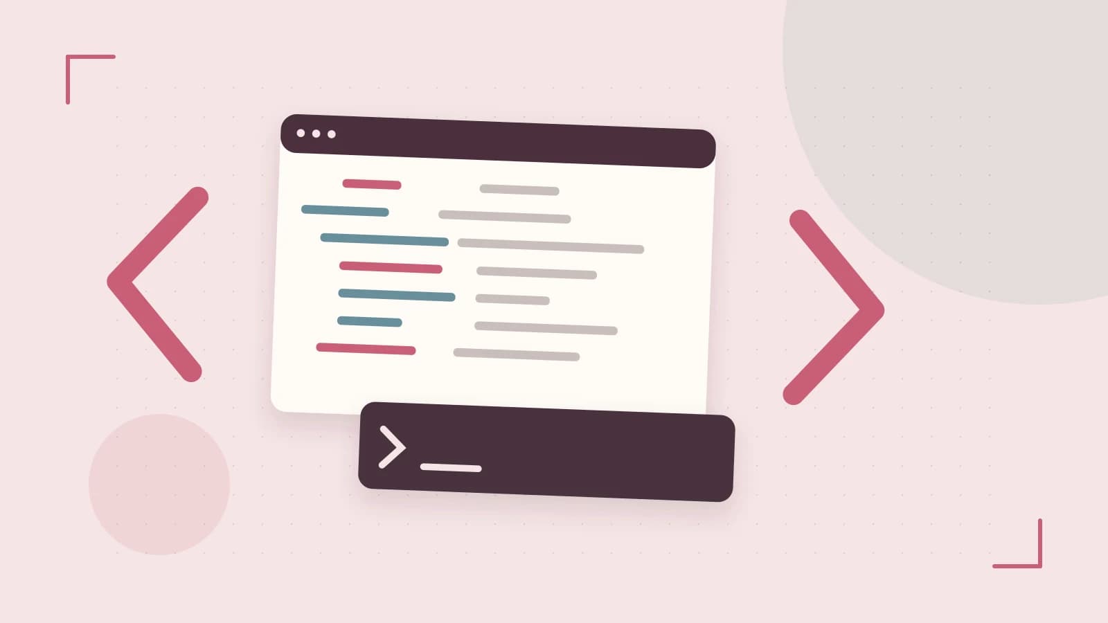 Editorial illustration of an abstract code editor, syntax blocks and oversized programming brackets
