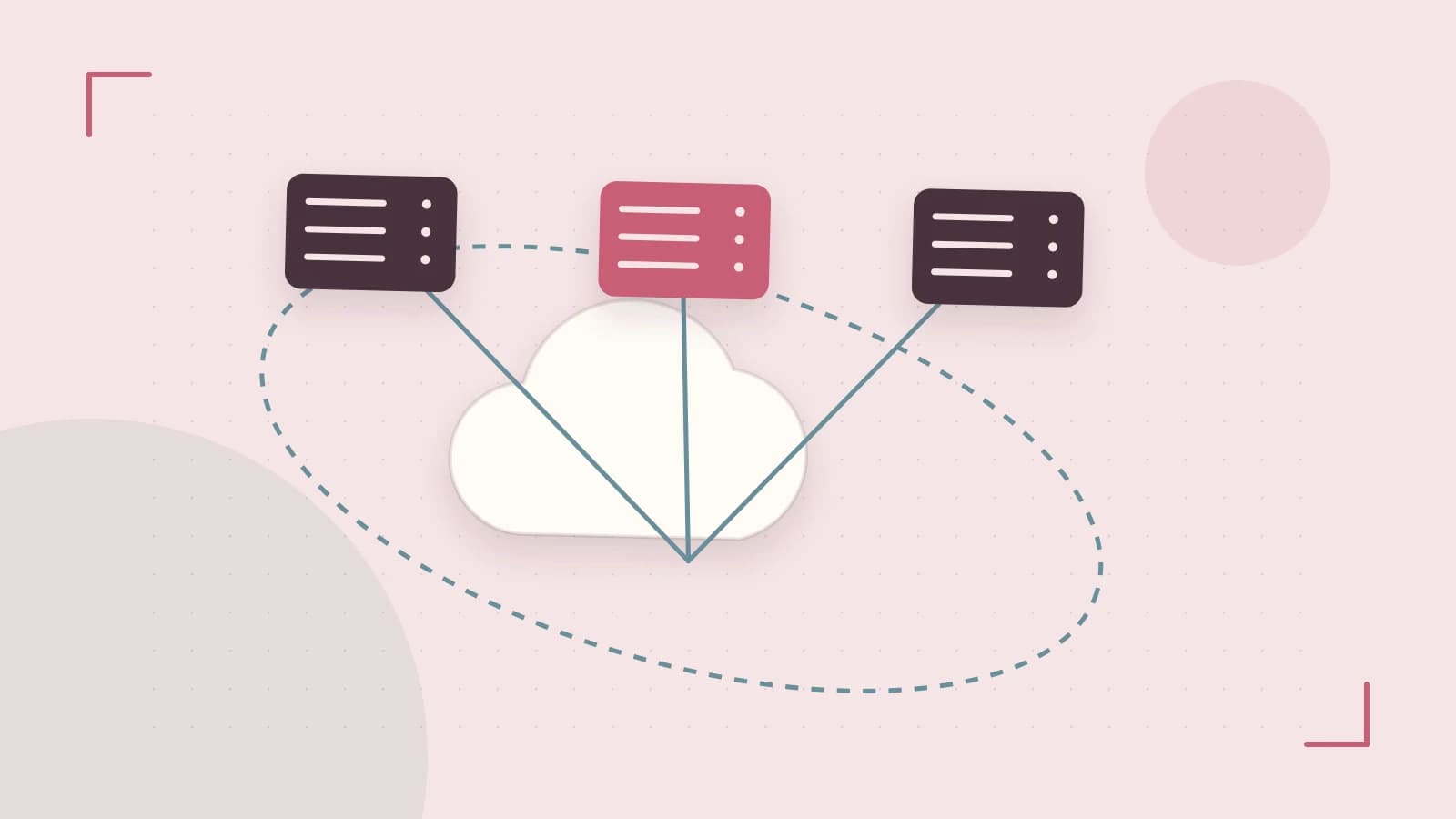 Editorial illustration of cloud infrastructure, connected server racks and an orbital service map