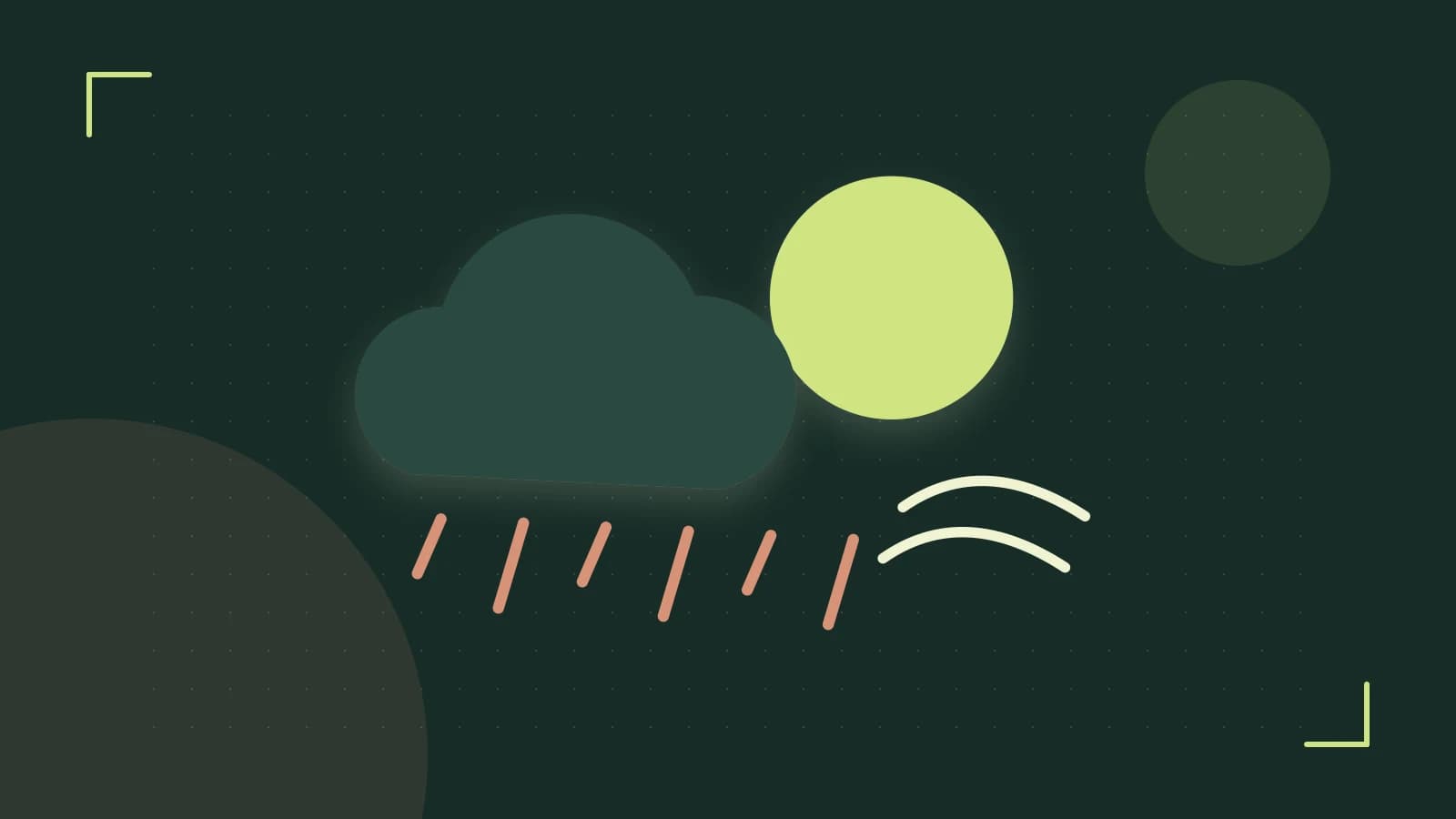 Editorial illustration of a sun, layered clouds, raindrops and flowing weather patterns