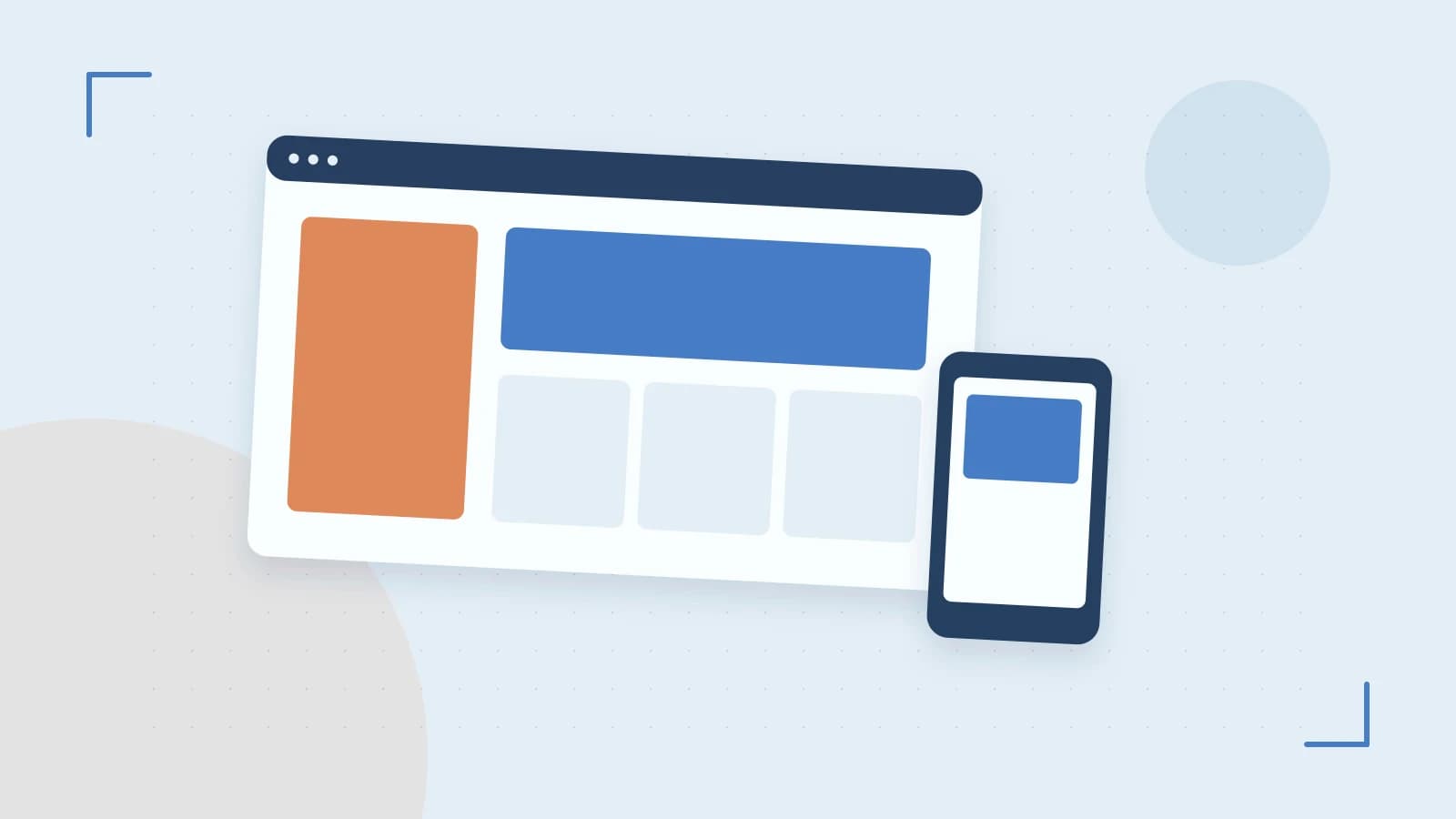 Editorial illustration of responsive browser layouts, overlapping design components and a color system