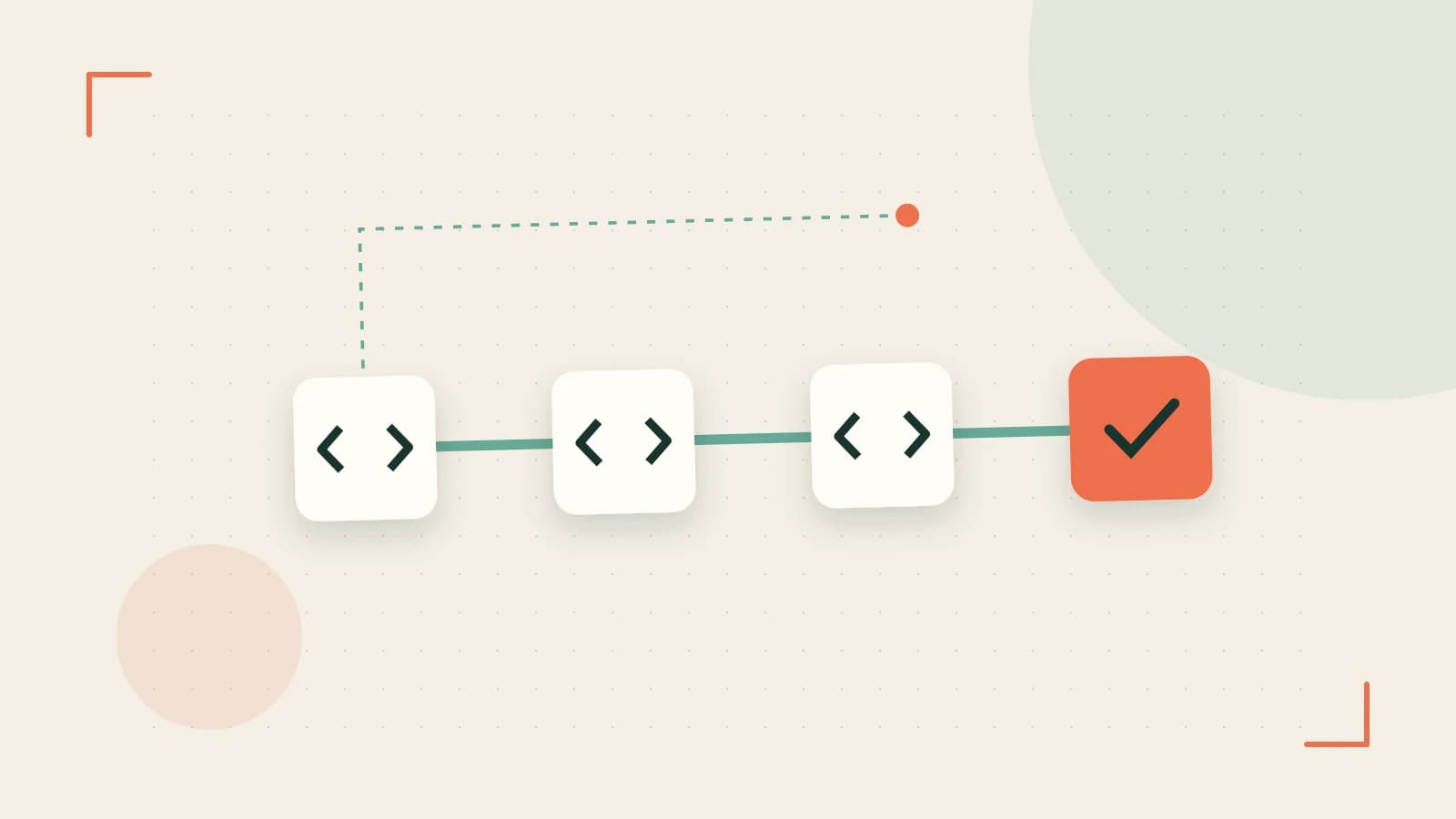 Editorial illustration of a branching build pipeline, staged transformations and a completed check